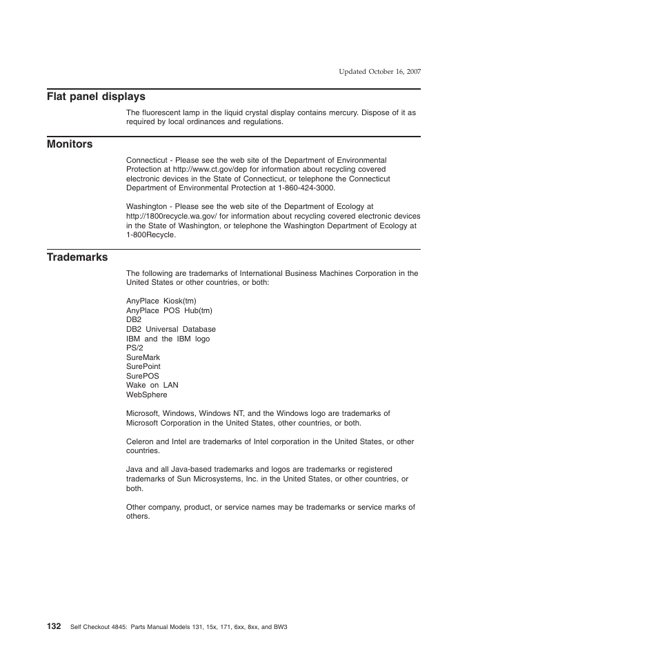 Flat panel displays, Monitors, Trademarks | Flat, Panel, Displays | IBM 8xx User Manual | Page 144 / 156