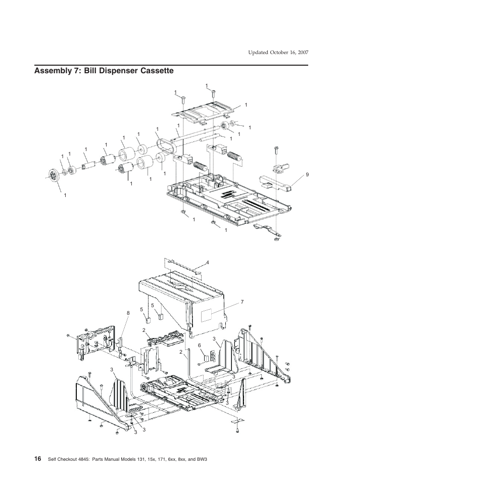 Assembly 7: bill dispenser cassette, Assembly, Bill | Dispenser, Cassette | IBM 8xx User Manual | Page 28 / 156