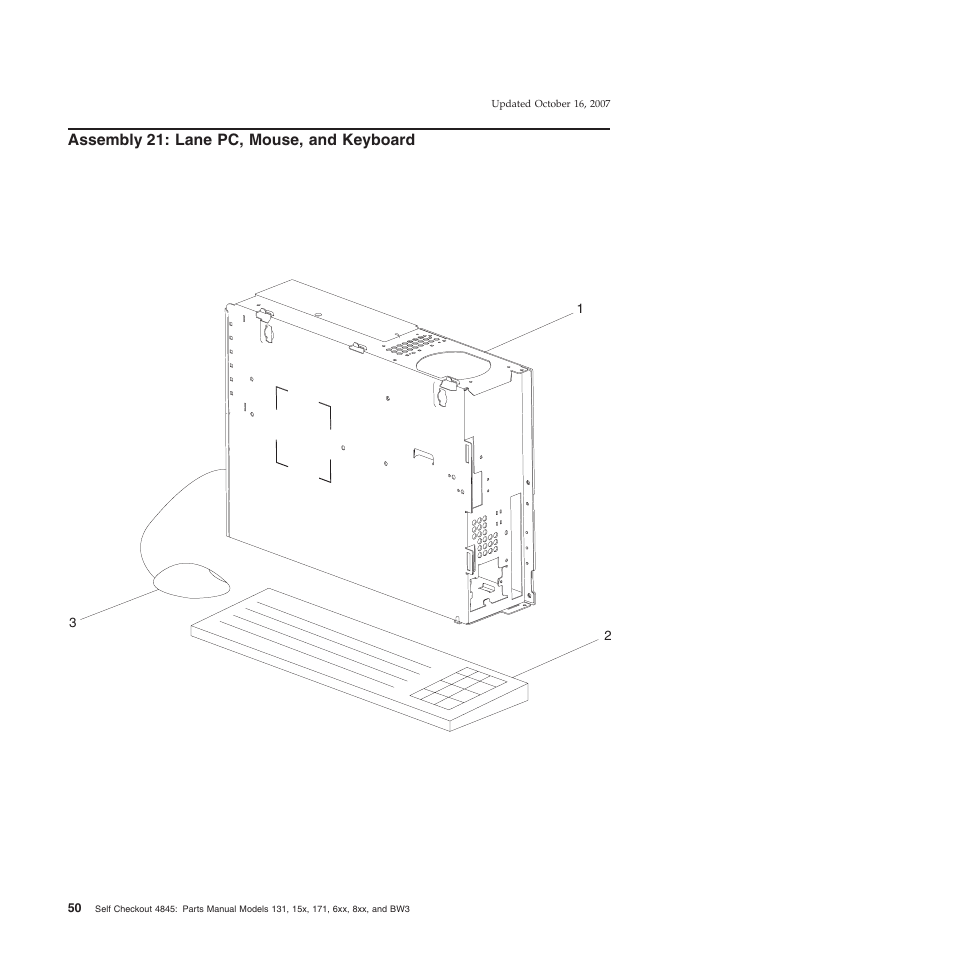Assembly 21: lane pc, mouse, and keyboard, Assembly, Lane | Mouse, Keyboard | IBM 8xx User Manual | Page 62 / 156