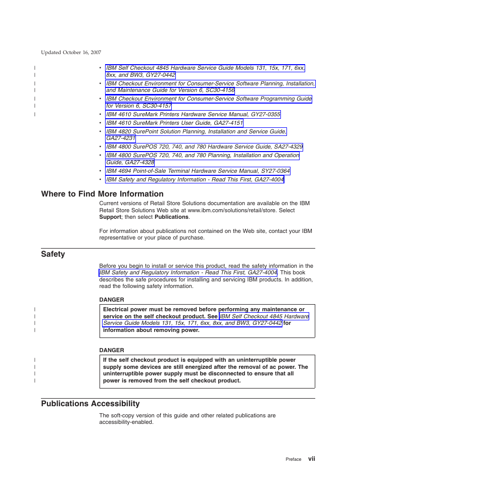 Where to find more information, Safety, Publications accessibility | Where, Find, More, Information, Publications, Accessibility | IBM 8xx User Manual | Page 9 / 156