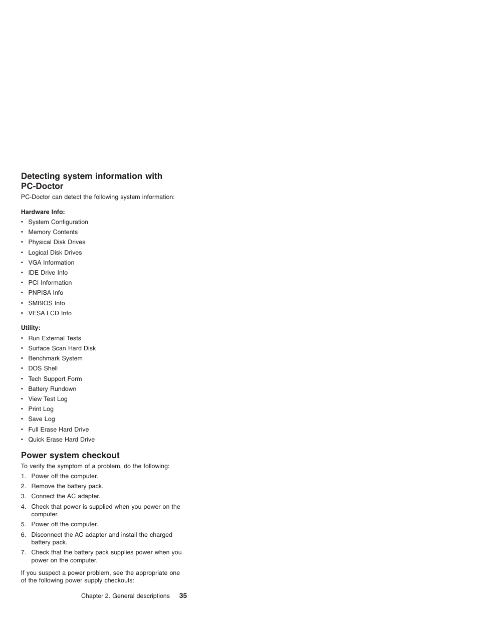 Detecting system information with pc-doctor, Power system checkout | IBM X23 User Manual | Page 39 / 141