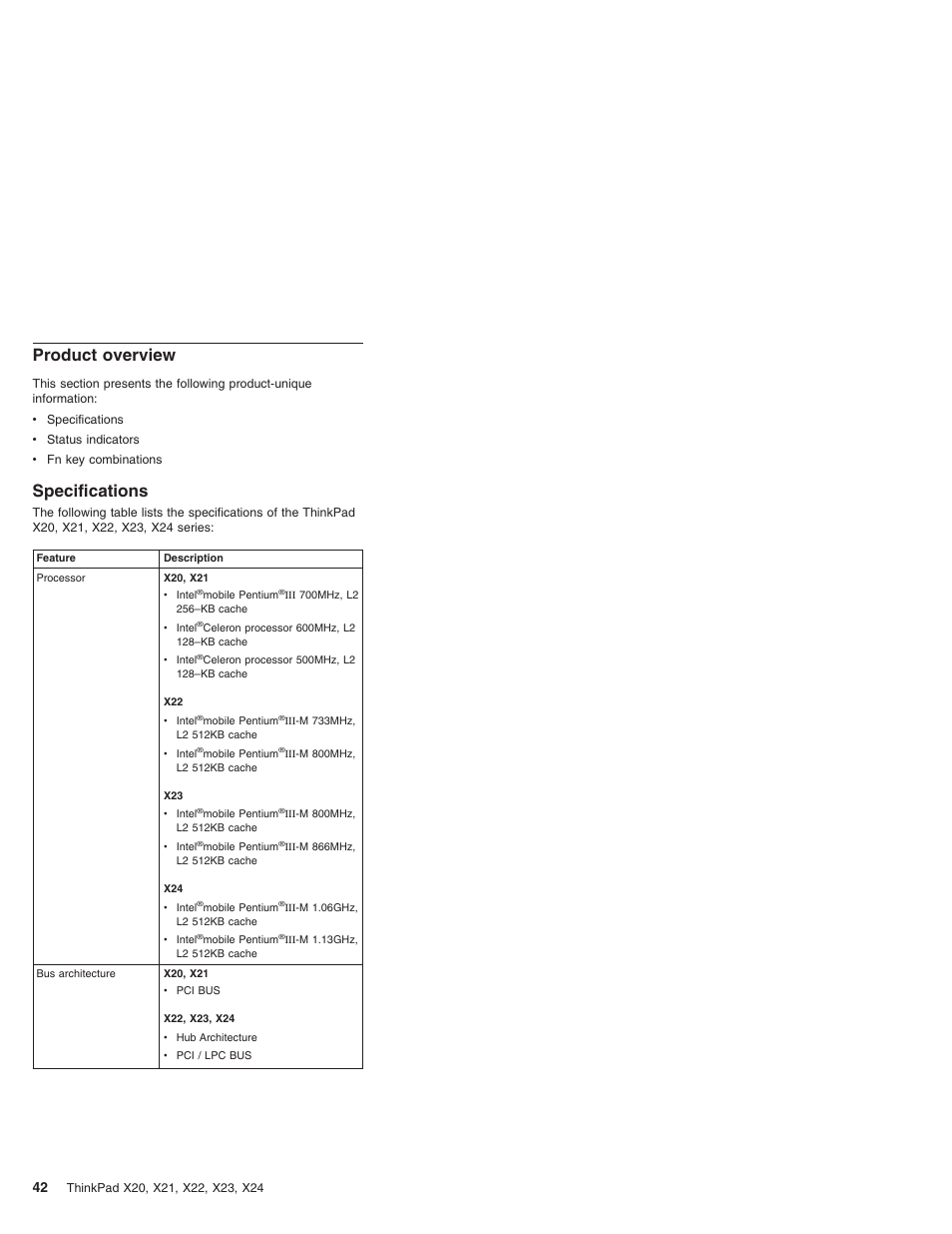 Product overview, Specifications, Product overview” on | IBM X23 User Manual | Page 46 / 141