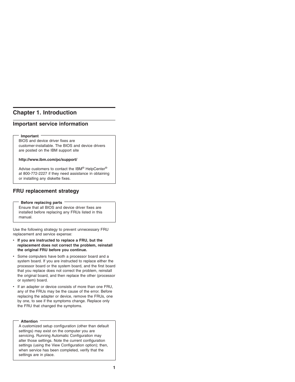 Chapter 1. introduction, Important service information, Fru replacement strategy | IBM X23 User Manual | Page 5 / 141