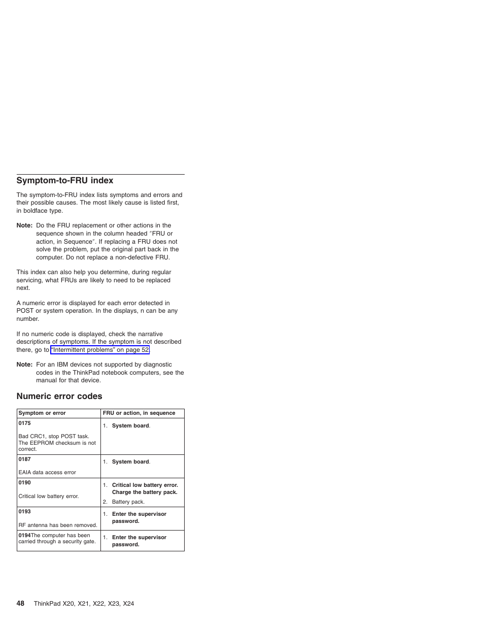 Symptom-to-fru index, Numeric error codes | IBM X23 User Manual | Page 52 / 141