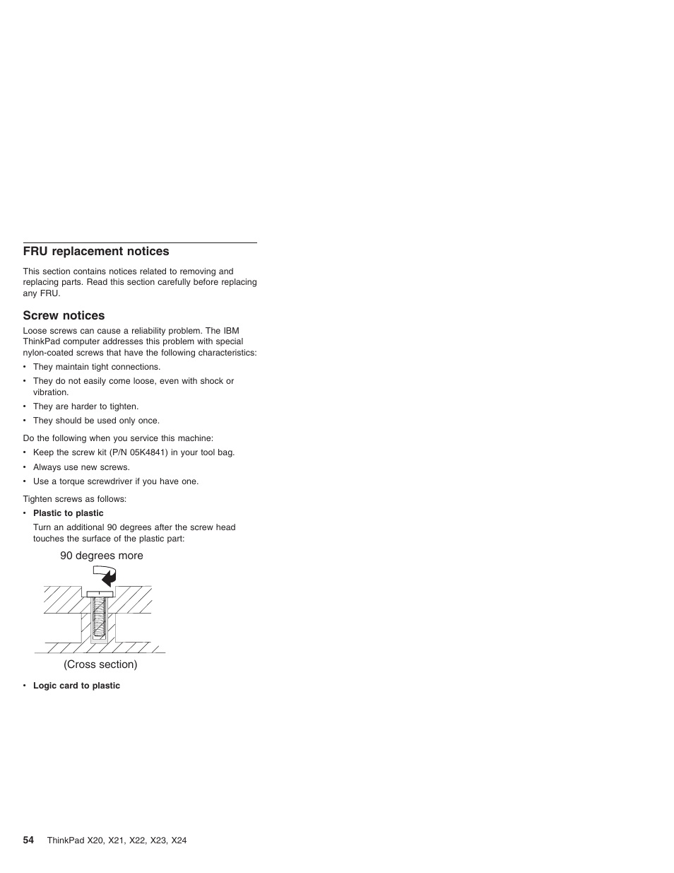 Fru replacement notices, Screw notices | IBM X23 User Manual | Page 58 / 141