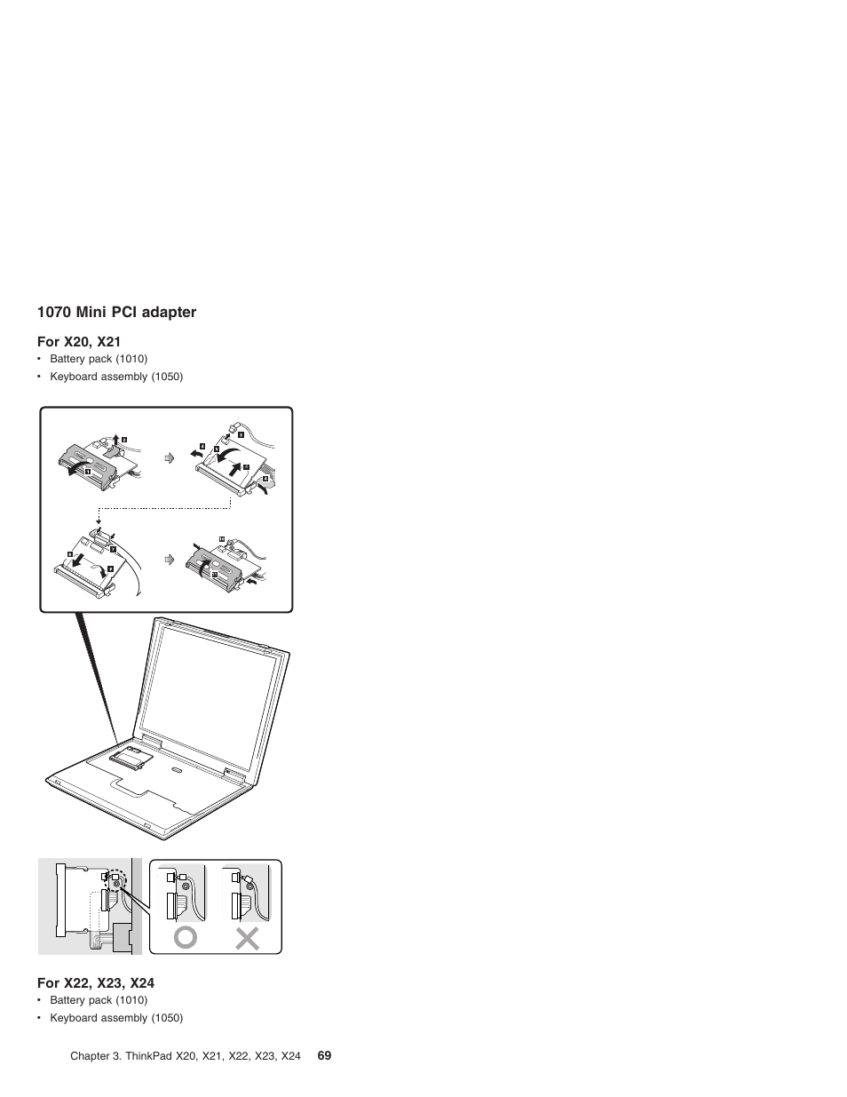 1070 mini pci adapter, For x20, x21, For x22, x23, x24 | IBM X23 User Manual | Page 73 / 141