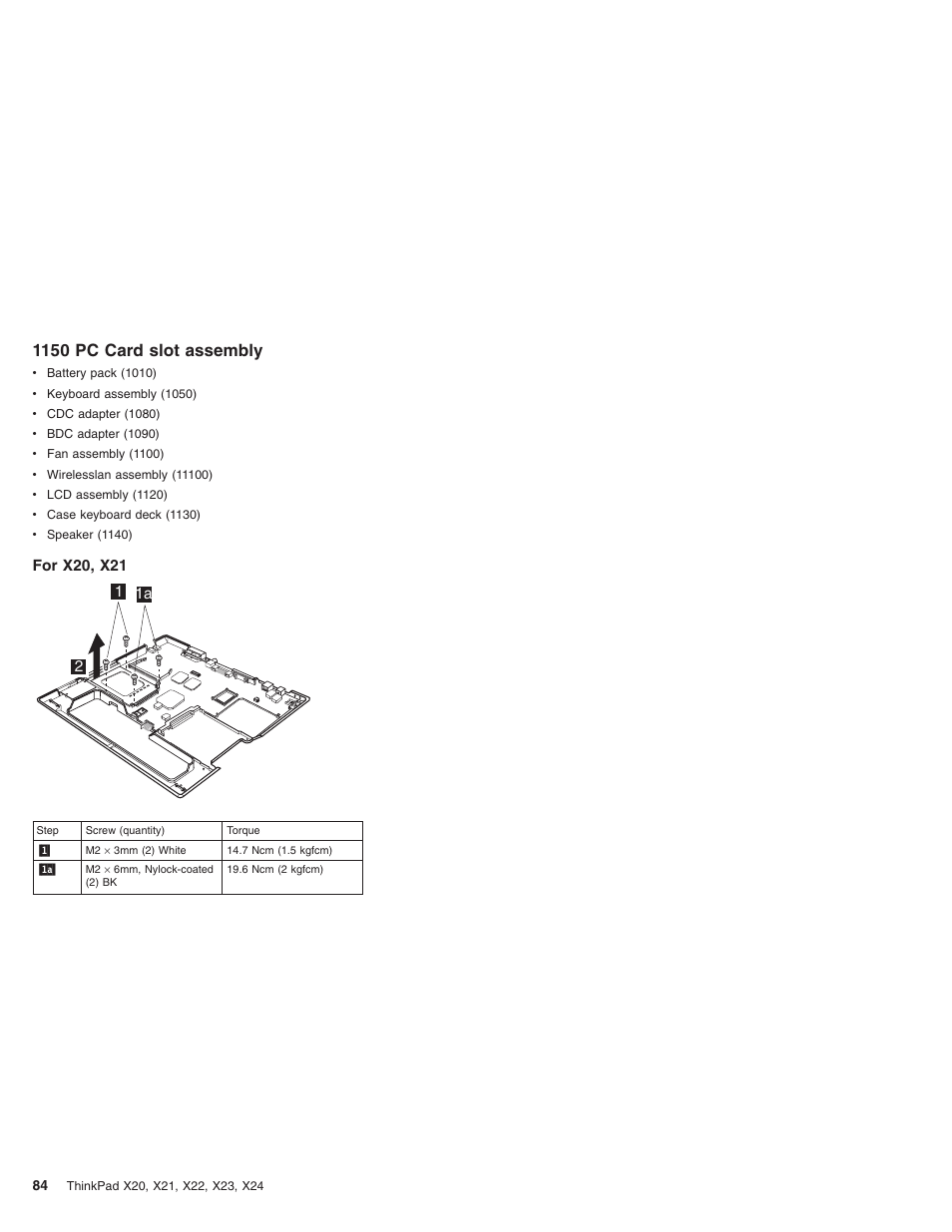 1150 pc card slot assembly, For x20, x21 | IBM X23 User Manual | Page 88 / 141