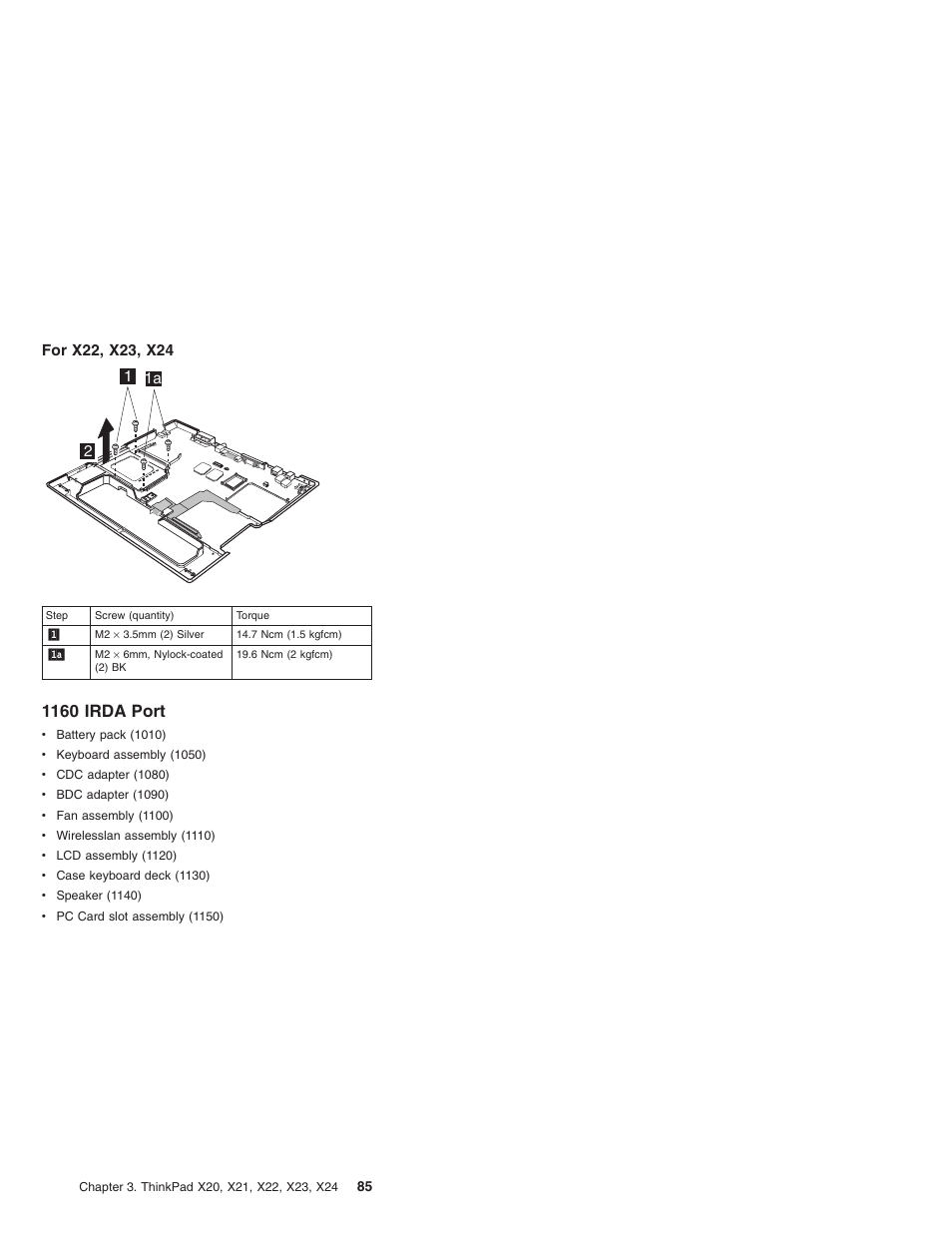 For x22, x23, x24, 1160 irda port | IBM X23 User Manual | Page 89 / 141