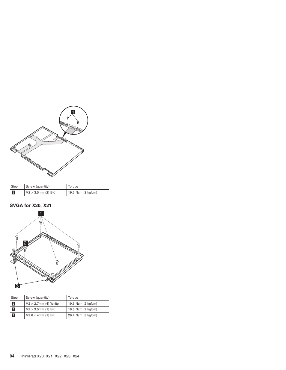 Svga for x20, x21, Xga for x20, x21 | IBM X23 User Manual | Page 98 / 141