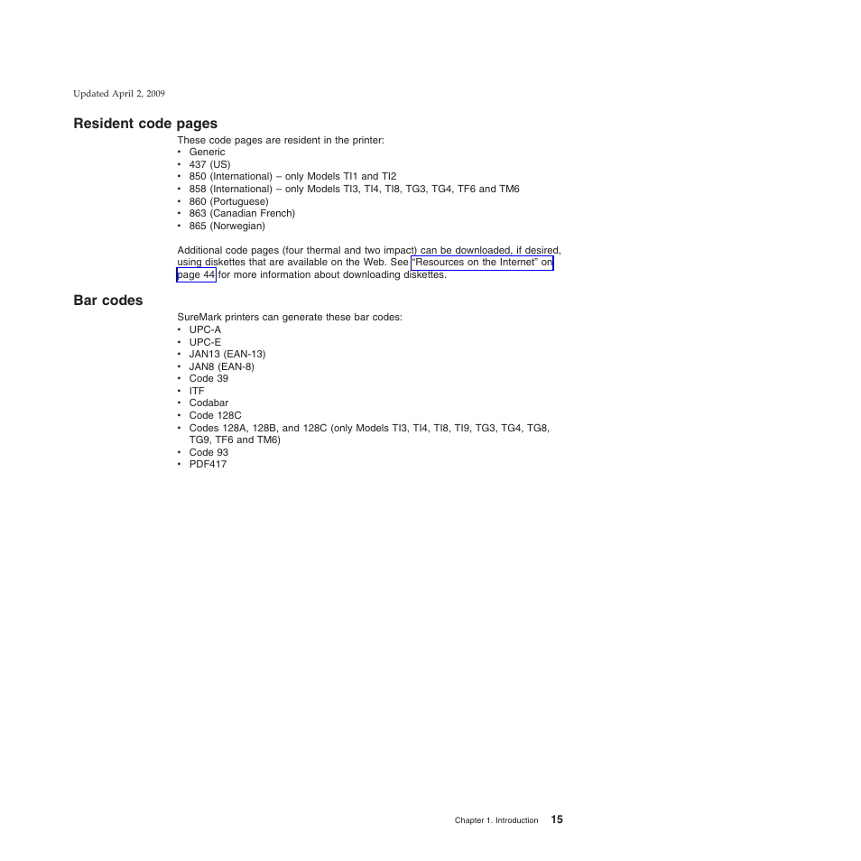 Bar codes, Resident code pages | IBM SUREMARK TI8 User Manual | Page 37 / 244