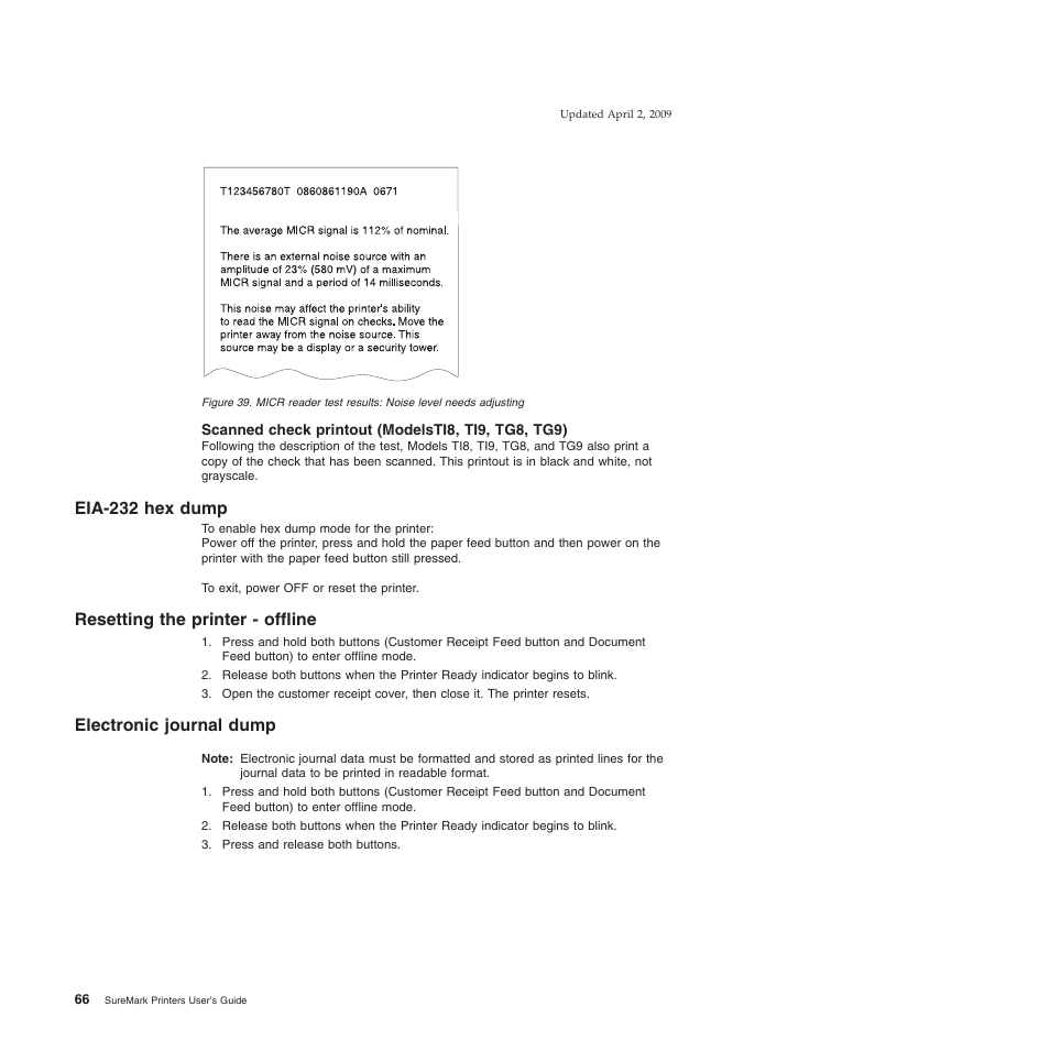 Scanned check printout (modelsti8, ti9, tg8, tg9), Eia-232 hex dump, Resetting the printer - offline | Electronic journal dump | IBM SUREMARK TI8 User Manual | Page 88 / 244