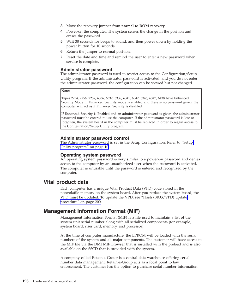 Administrator password, Administrator password control, Operating system password | Vital product data, Management information format (mif) | IBM 6341 User Manual | Page 206 / 252