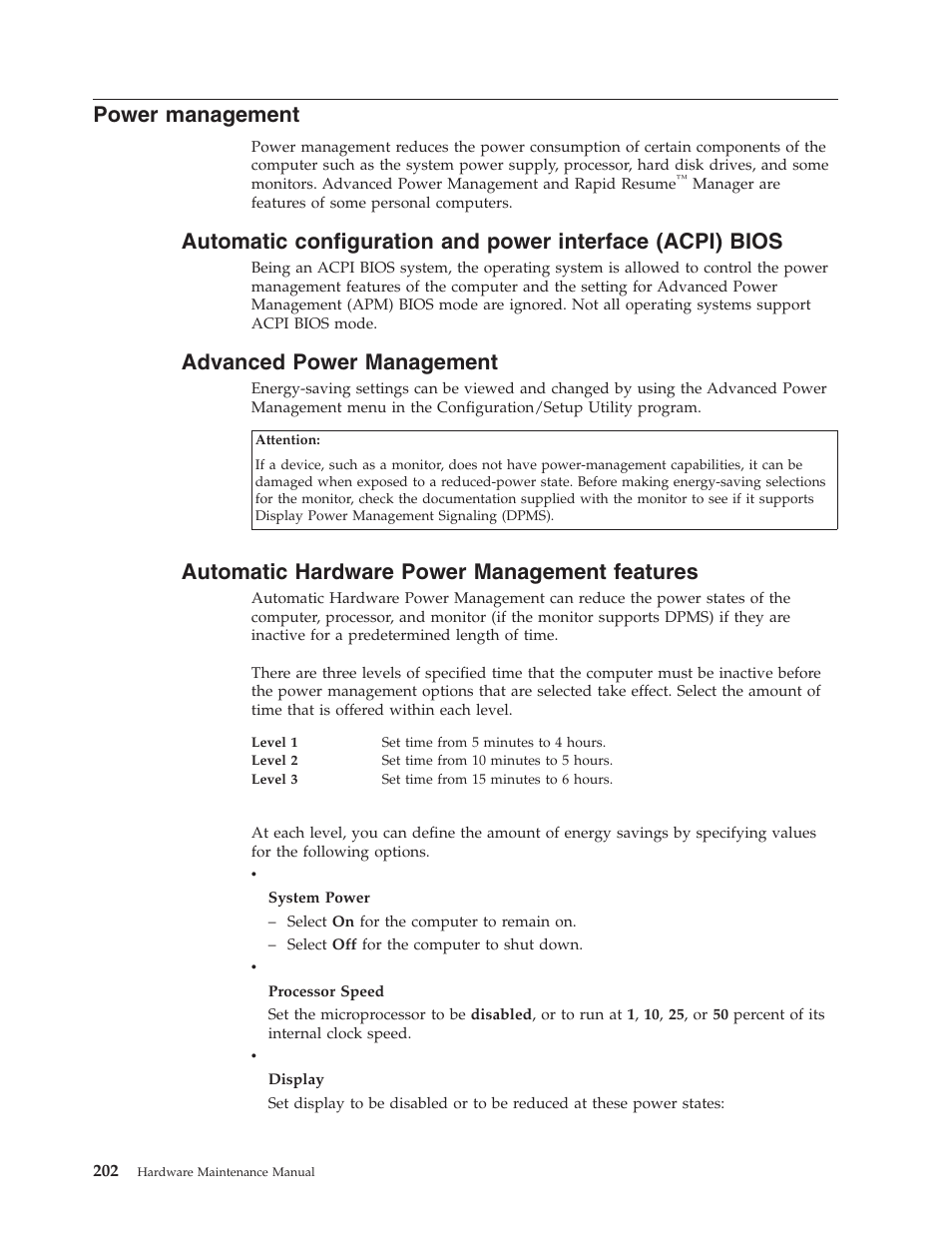 Power management, Advanced power management, Automatic hardware power management features | IBM 6341 User Manual | Page 210 / 252