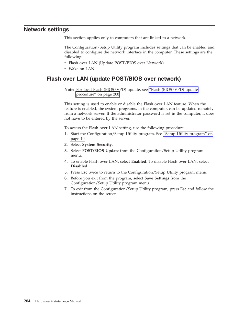 Network settings, Flash over lan (update post/bios over network) | IBM 6341 User Manual | Page 212 / 252
