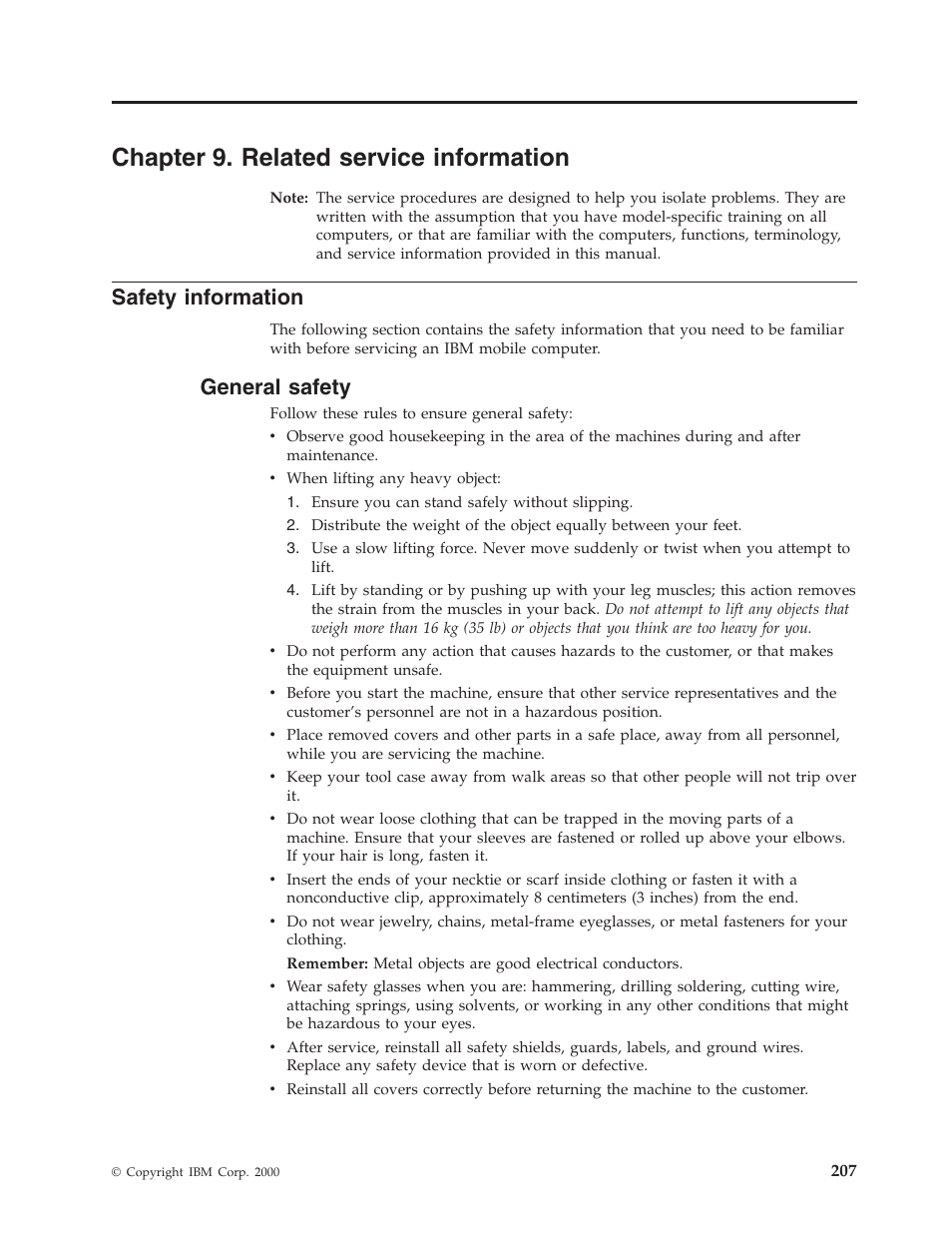 Chapter 9. related service information, Safety information, General safety | Chapter 9. related service information 207 | IBM 6341 User Manual | Page 215 / 252