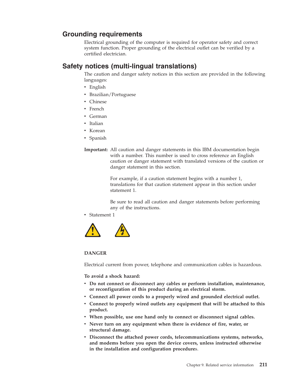 Grounding requirements, Safety notices (multi-lingual translations) | IBM 6341 User Manual | Page 219 / 252