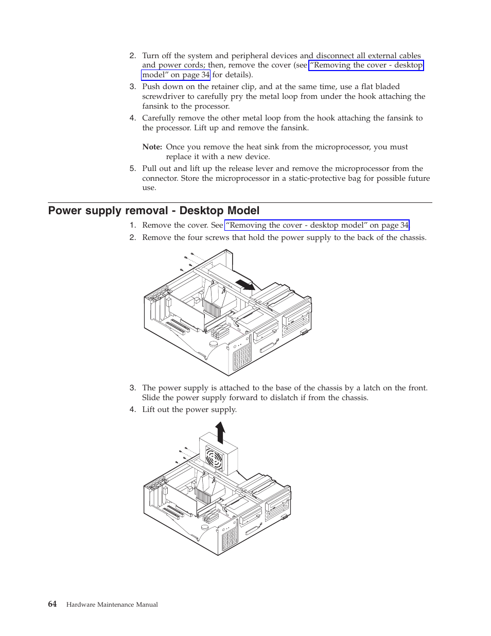 Power supply removal - desktop model | IBM 6341 User Manual | Page 72 / 252