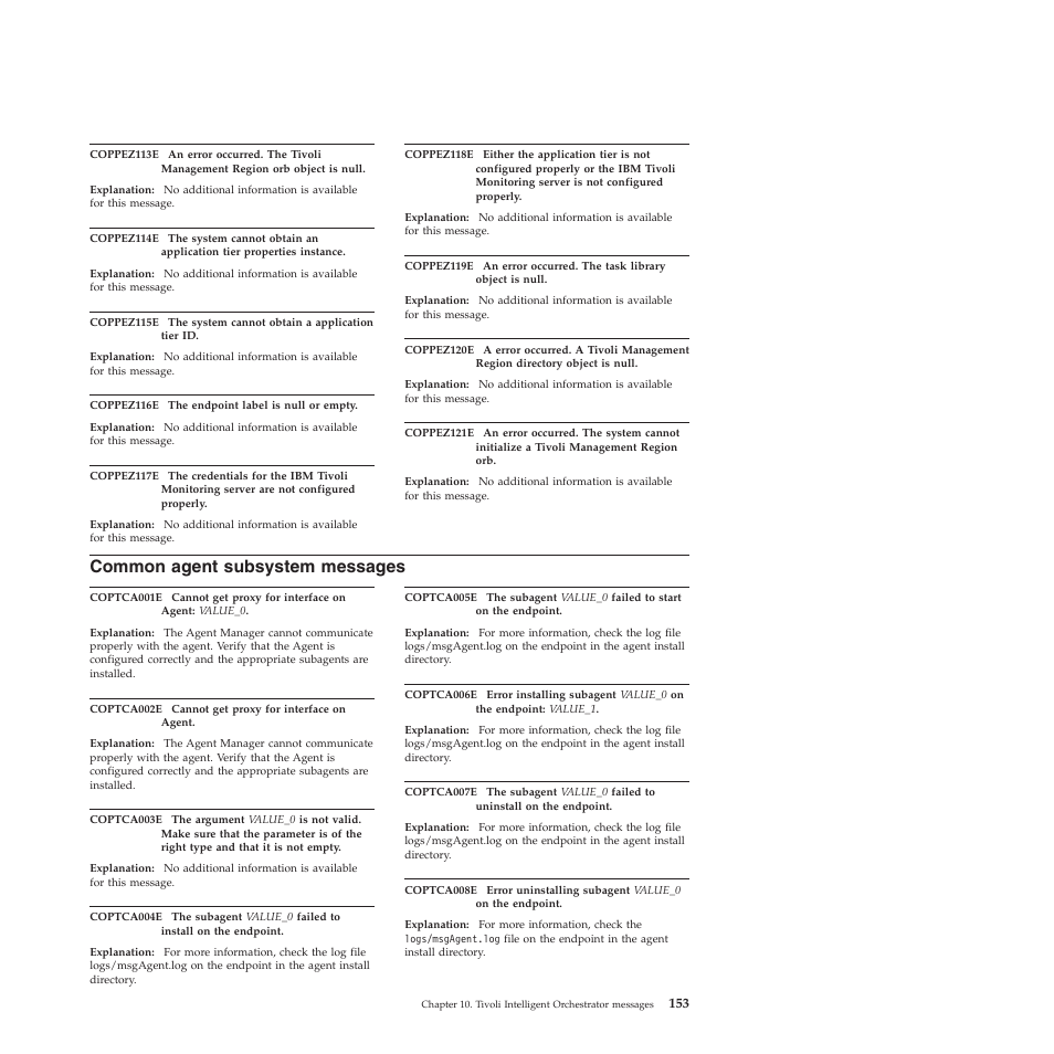 Common agent subsystem messages, Common, Agent | Subsystem, Messages | IBM 51 User Manual | Page 165 / 248