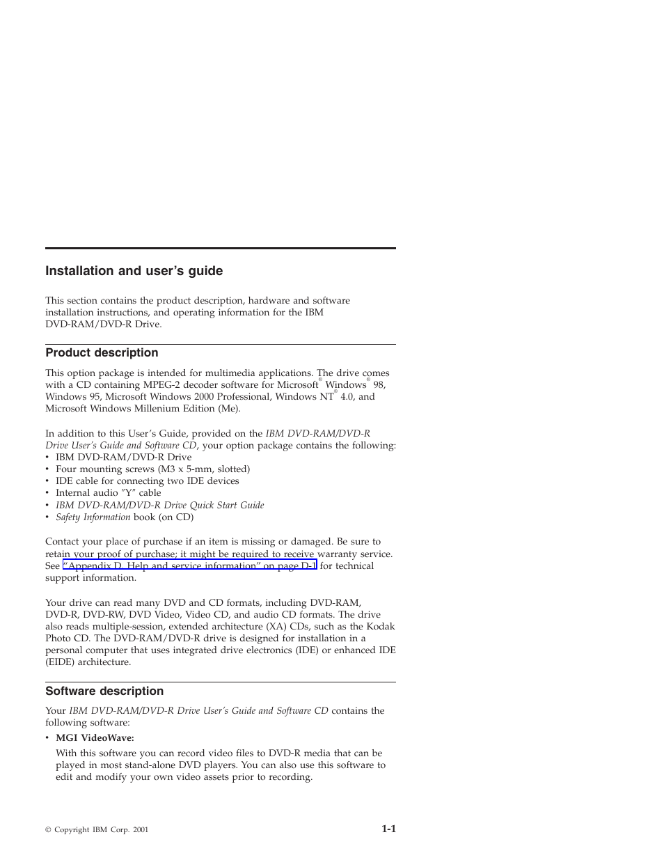 Installation and user’s guide, Product description, Software description | IBM 22P6960 User Manual | Page 9 / 56