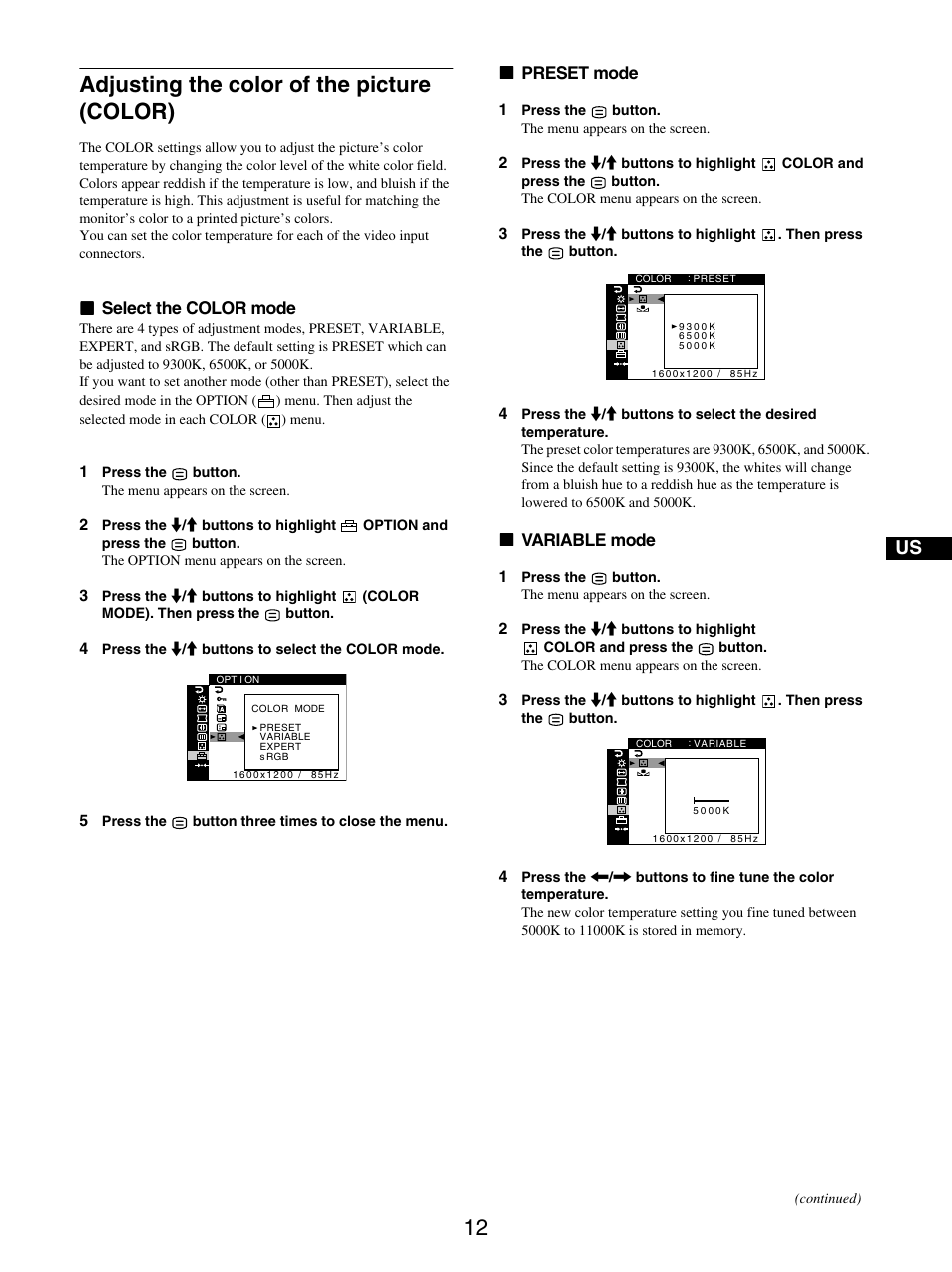 Adjusting the color of the picture (color) | IBM P275 User Manual | Page 14 / 23