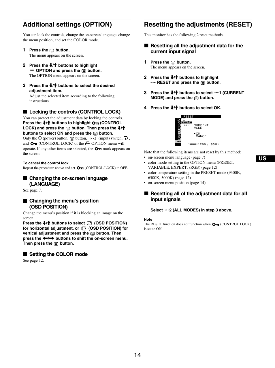 Additional settings (option), Resetting the adjustments (reset) | IBM P275 User Manual | Page 16 / 23
