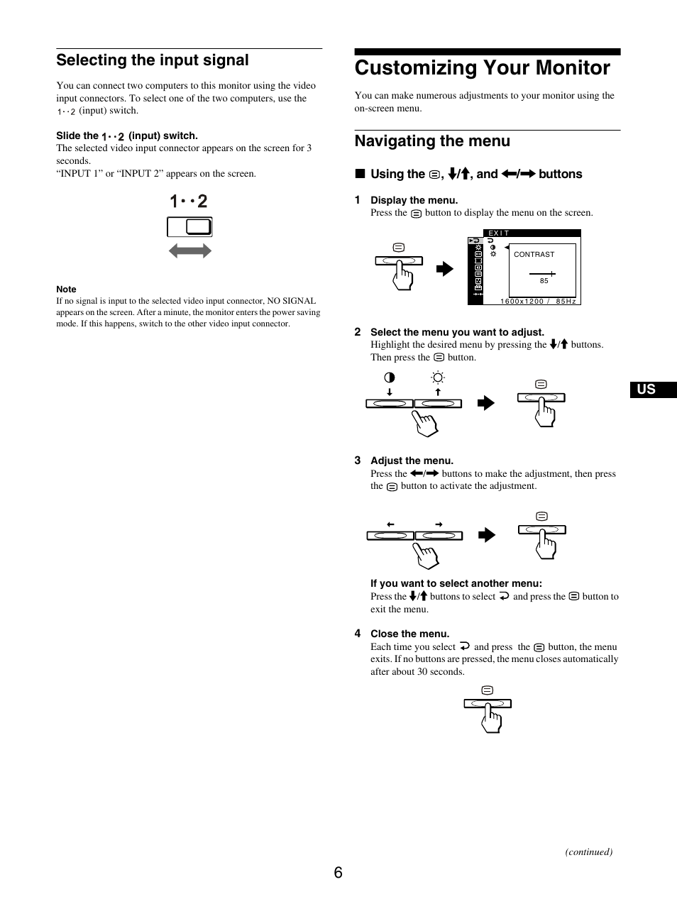 Selecting the input signal, Customizing your monitor, Navigating the menu | IBM P275 User Manual | Page 8 / 23