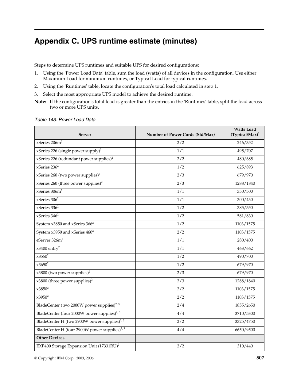 Appendix c. ups runtime estimate (minutes), Appendix c. ups runtime estimate, Minutes) | IBM SCOD-3ZVQ5W User Manual | Page 515 / 548