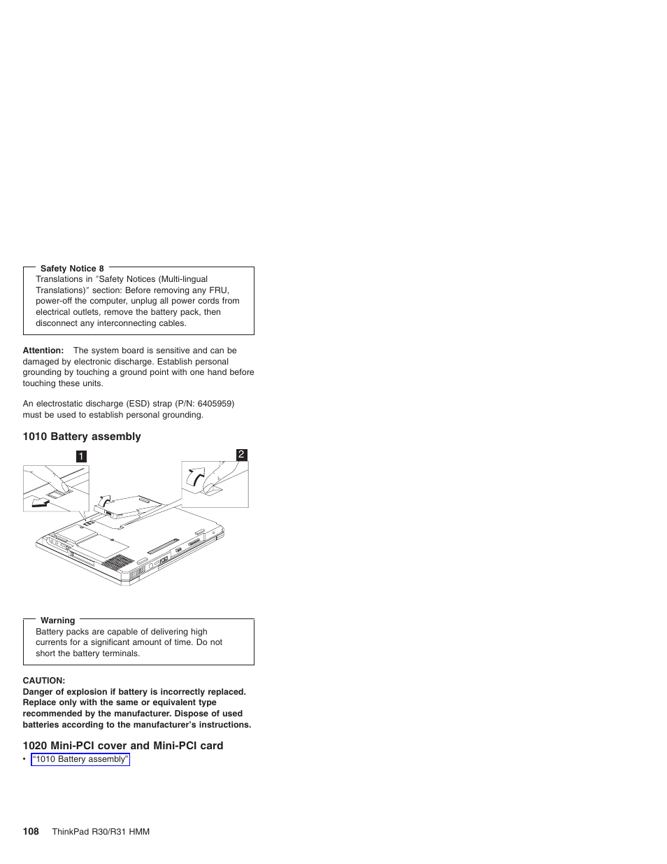 1010 battery assembly, 1020 mini-pci cover and mini-pci card | IBM R31 User Manual | Page 114 / 235