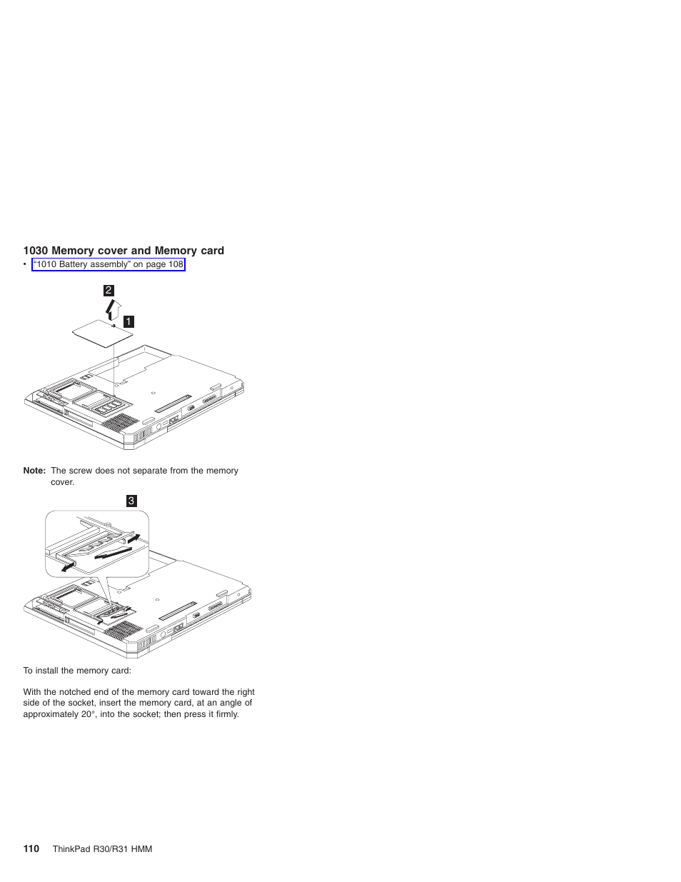 1030 memory cover and memory card | IBM R31 User Manual | Page 116 / 235