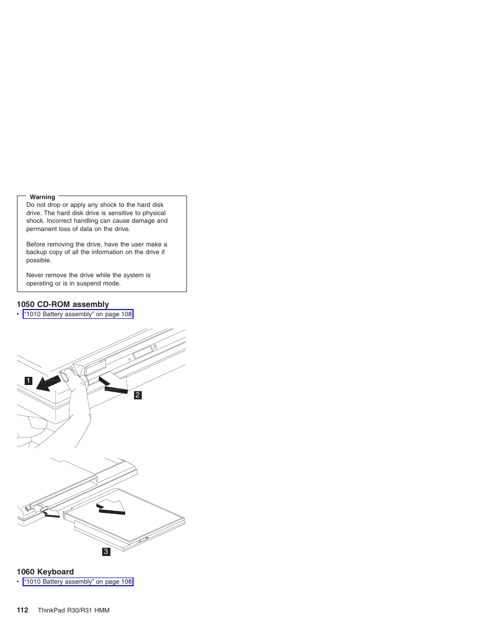 1050 cd-rom assembly, 1060 keyboard | IBM R31 User Manual | Page 118 / 235