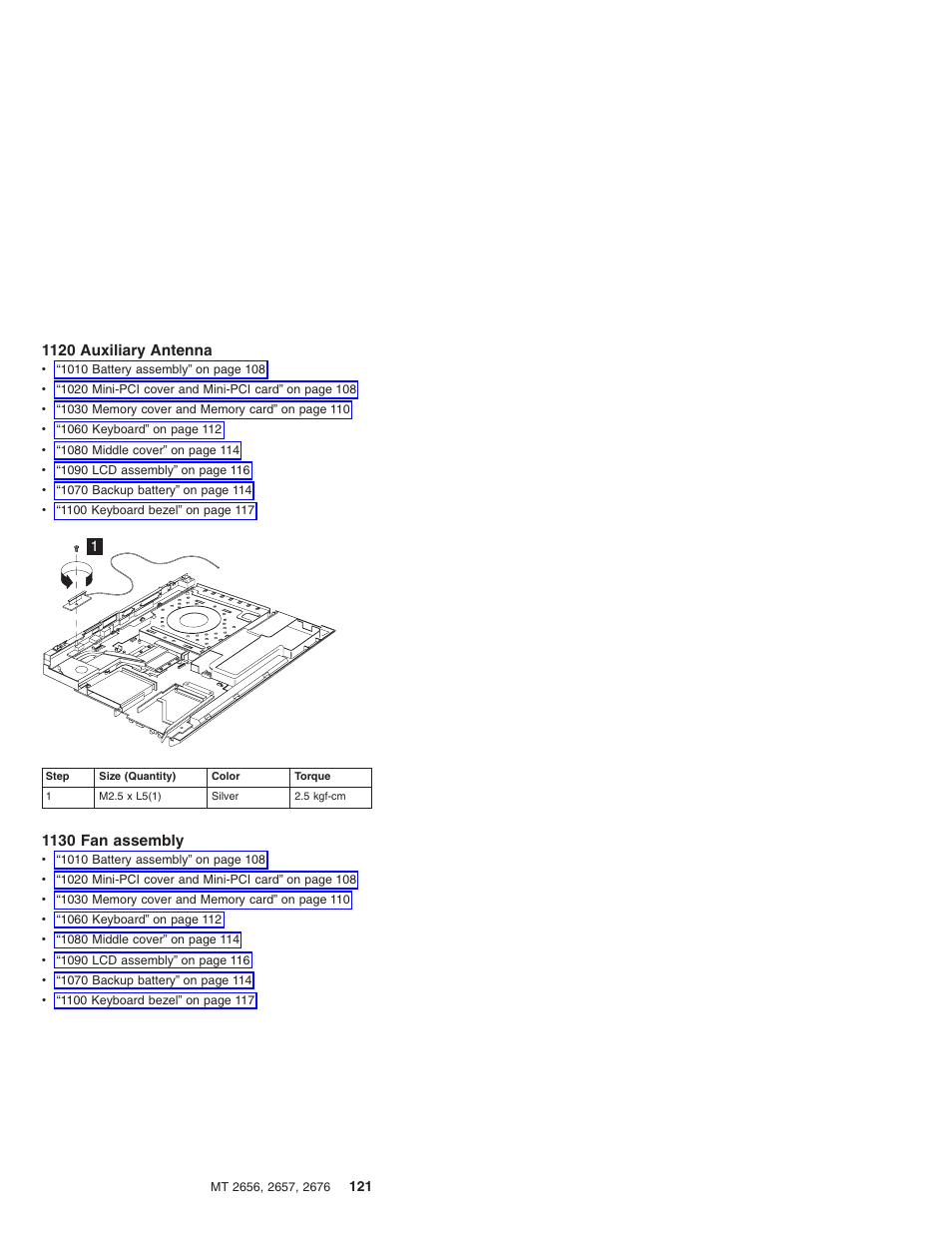 1120 auxiliary antenna, 1130 fan assembly | IBM R31 User Manual | Page 127 / 235