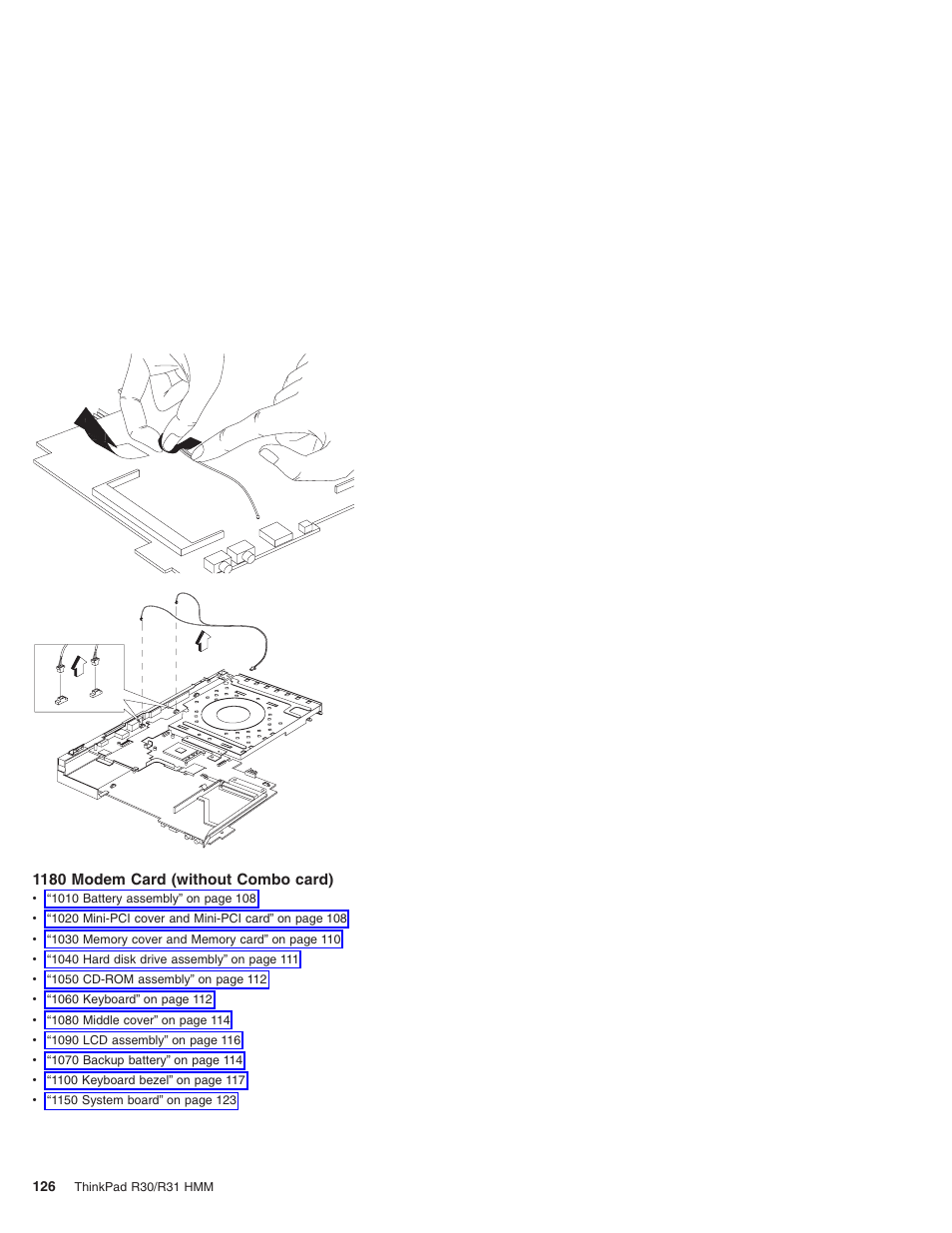 1180 modem card (without combo card) | IBM R31 User Manual | Page 132 / 235