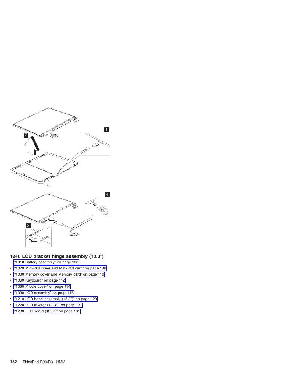 1240 lcd bracket hinge assembly (13.3") | IBM R31 User Manual | Page 138 / 235