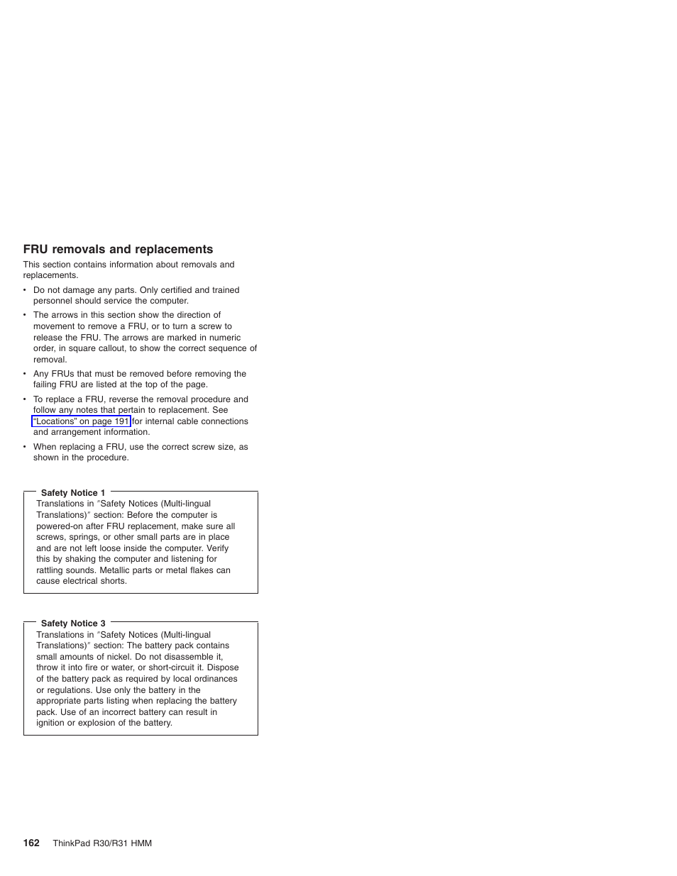 Fru removals and replacements | IBM R31 User Manual | Page 168 / 235