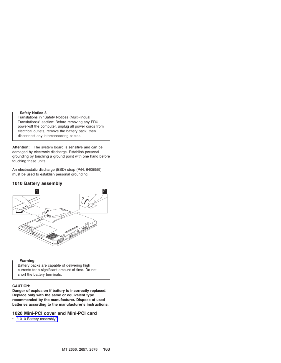 1010 battery assembly, 1020 mini-pci cover and mini-pci card | IBM R31 User Manual | Page 169 / 235