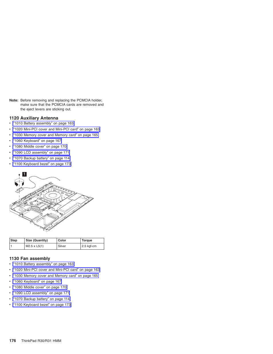 1120 auxiliary antenna, 1130 fan assembly | IBM R31 User Manual | Page 182 / 235