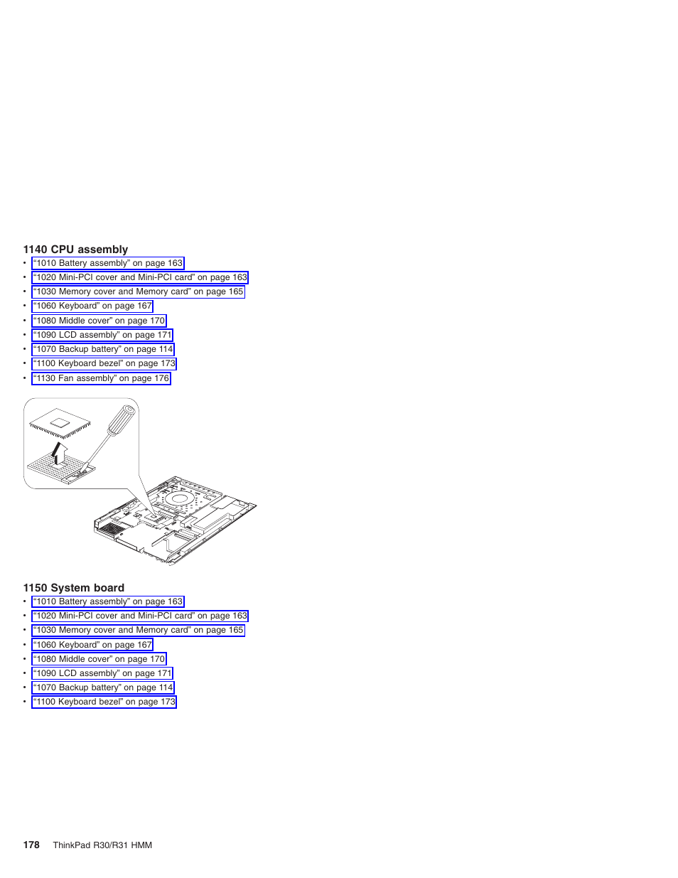 1140 cpu assembly, 1150 system board | IBM R31 User Manual | Page 184 / 235