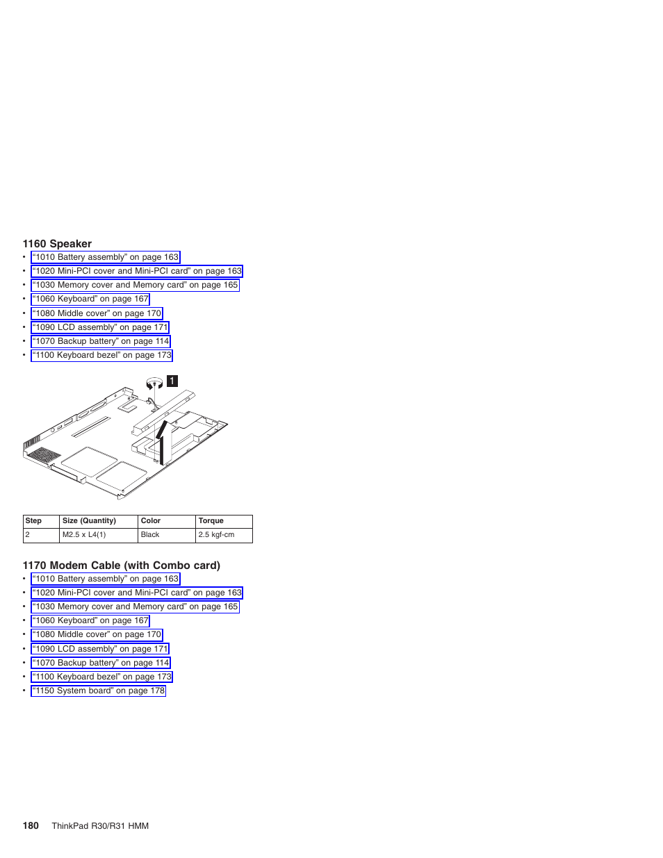 1160 speaker, 1170 modem cable (with combo card) | IBM R31 User Manual | Page 186 / 235