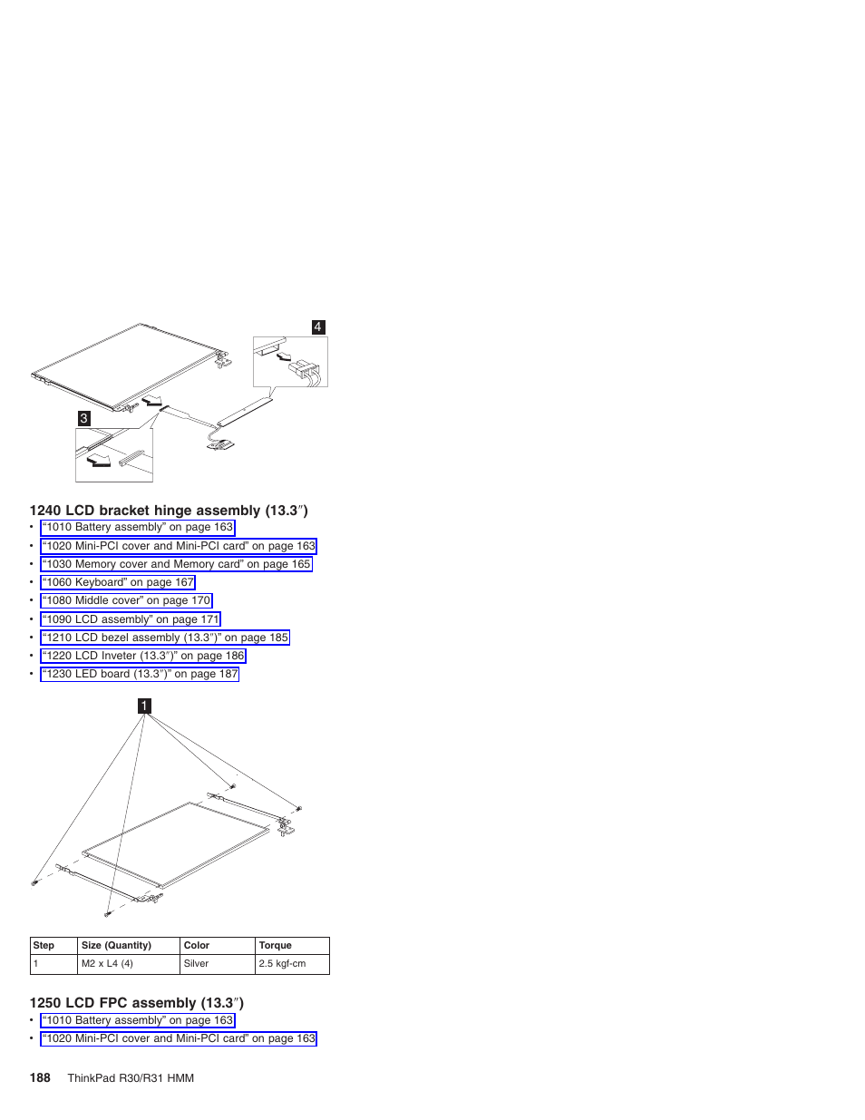 1240 lcd bracket hinge assembly (13.3"), 1250 lcd fpc assembly (13.3") | IBM R31 User Manual | Page 194 / 235