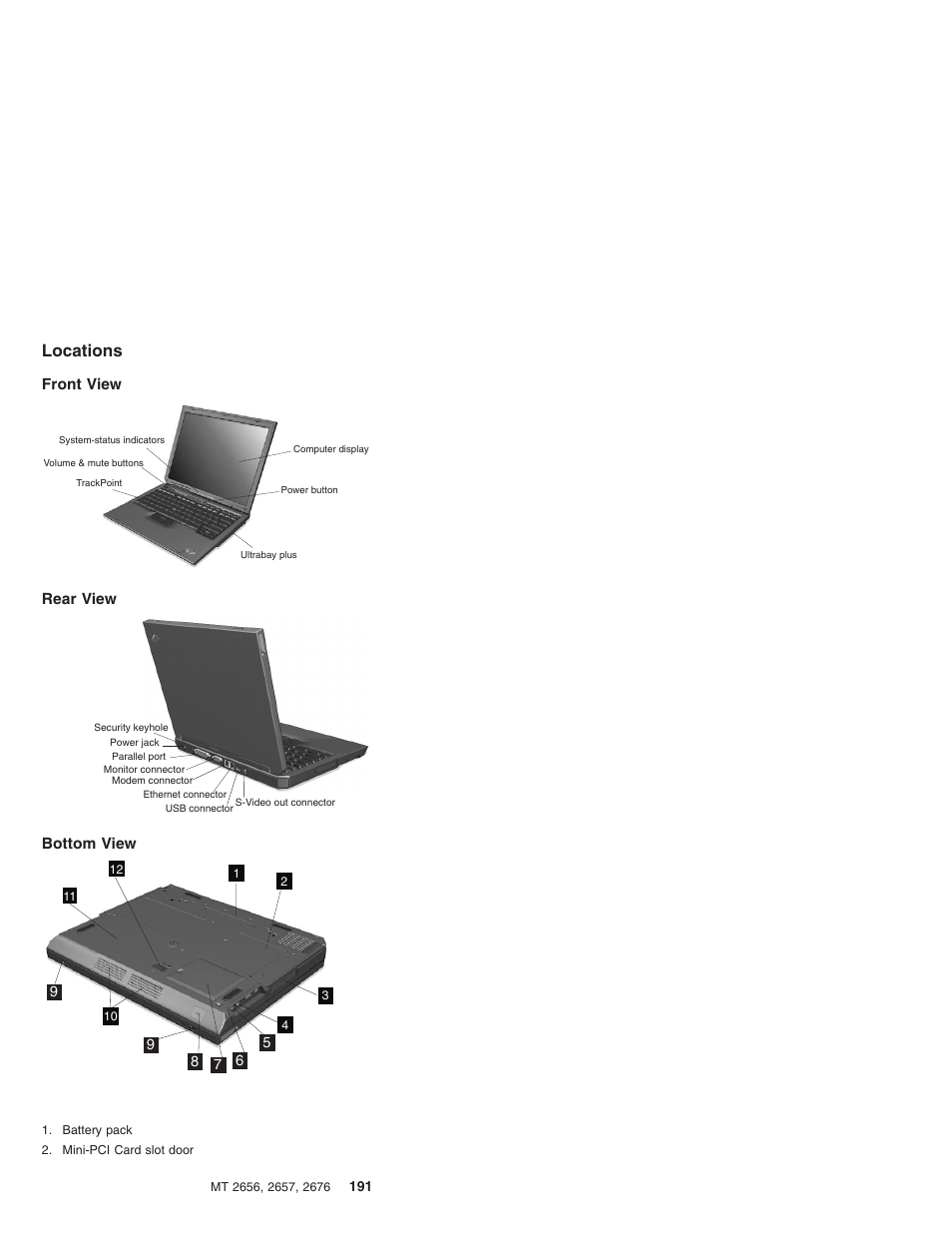 Locations, Front view, Rear view | Bottom view | IBM R31 User Manual | Page 197 / 235