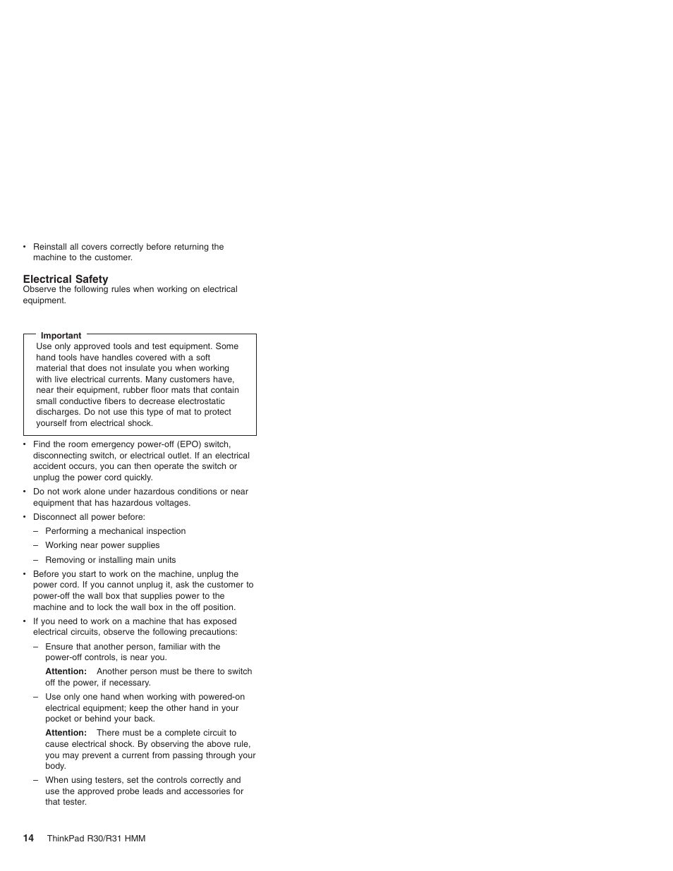 Electrical safety | IBM R31 User Manual | Page 20 / 235