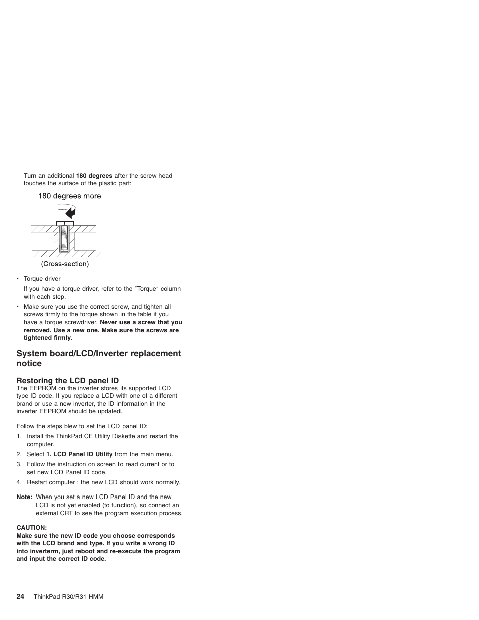 System board/lcd/inverter replacement notice, Restoring the lcd panel id | IBM R31 User Manual | Page 30 / 235