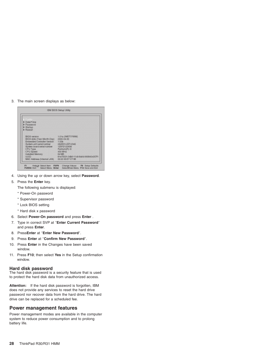 Hard disk password, Power management features | IBM R31 User Manual | Page 34 / 235