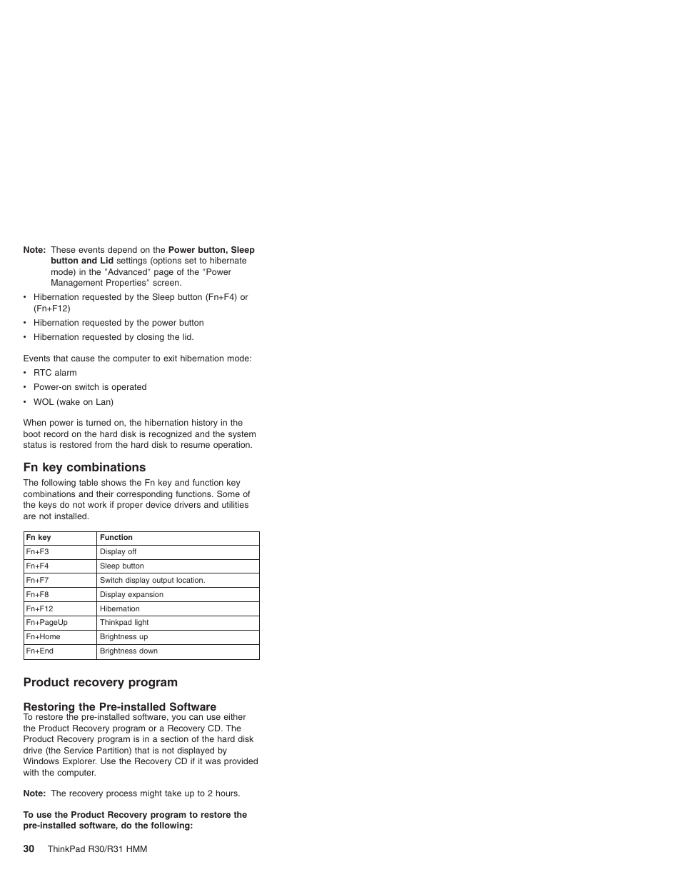 Fn key combinations, Product recovery program, Restoring the pre-installed software | IBM R31 User Manual | Page 36 / 235