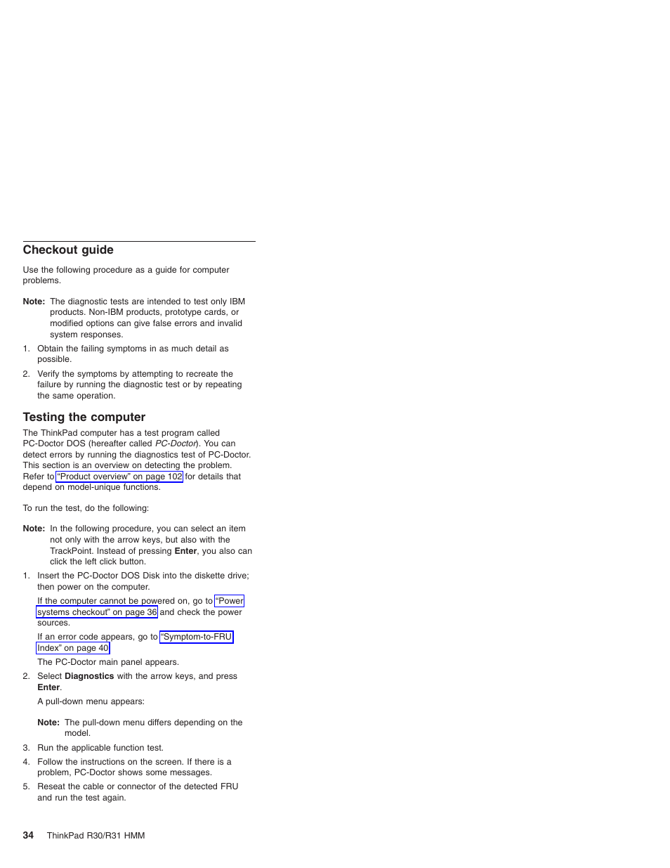 Checkout guide, Testing the computer | IBM R31 User Manual | Page 40 / 235