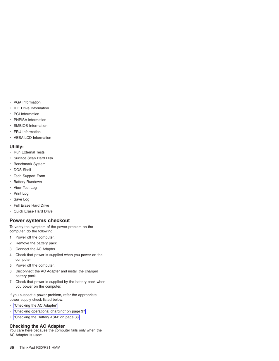 Utility, Power systems checkout, Checking the ac adapter | IBM R31 User Manual | Page 42 / 235