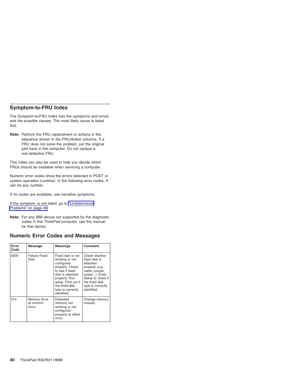 Symptom-to-fru index, Numeric error codes and messages | IBM R31 User Manual | Page 46 / 235