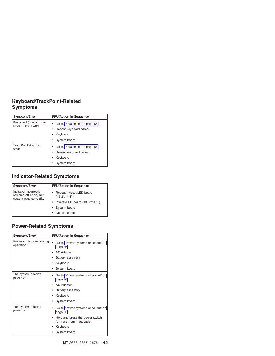 Keyboard/trackpoint-related symptoms, Indicator-related symptoms, Power-related symptoms | IBM R31 User Manual | Page 51 / 235