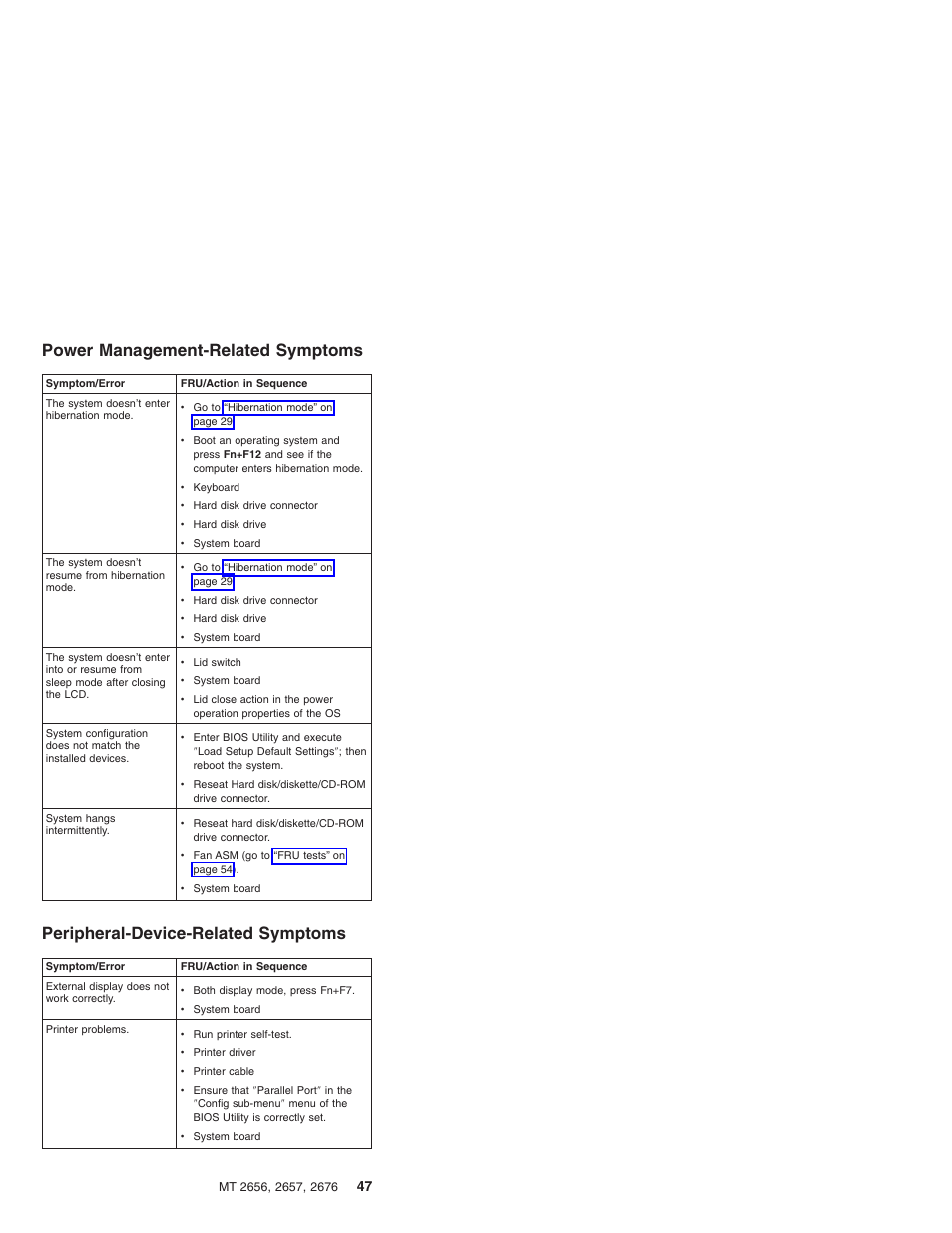 Power management-related symptoms, Peripheral-device-related symptoms | IBM R31 User Manual | Page 53 / 235