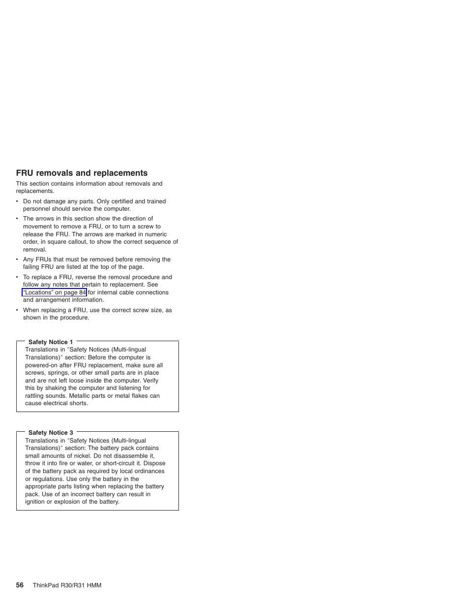 Fru removals and replacements | IBM R31 User Manual | Page 62 / 235